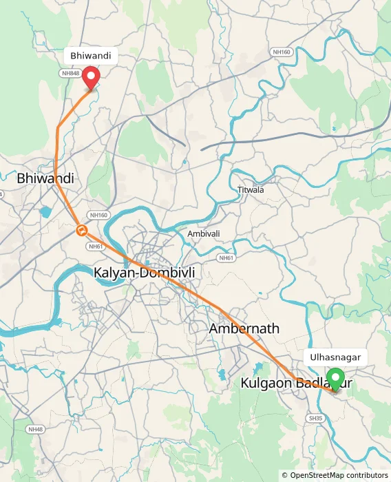 Route map showing distance and travel time from Ulhasnagar, India to Bhiwandi, India