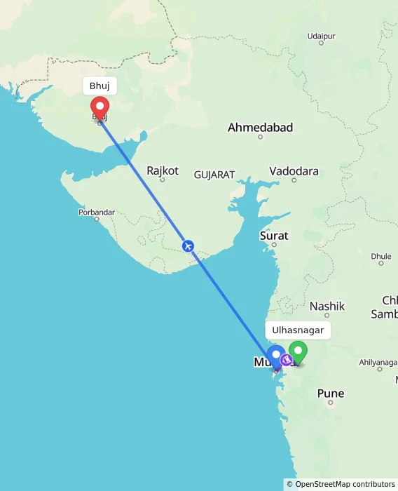 Route map showing distance and travel time from Ulhasnagar, India to Bhuj, India