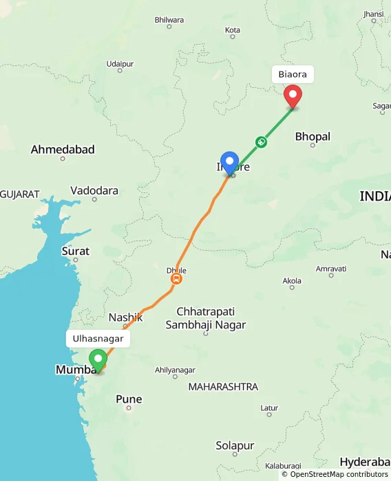 Route map showing distance and travel time from Ulhasnagar, India to Biaora, India