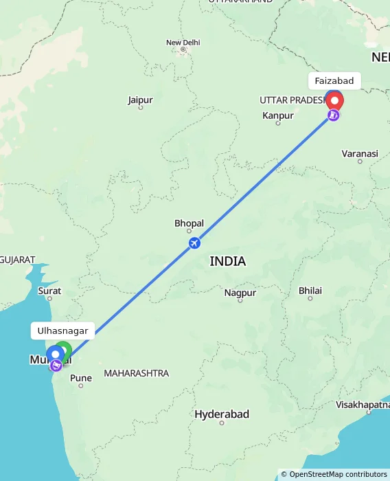 Route map showing distance and travel time from Ulhasnagar, India to Faizabad, India