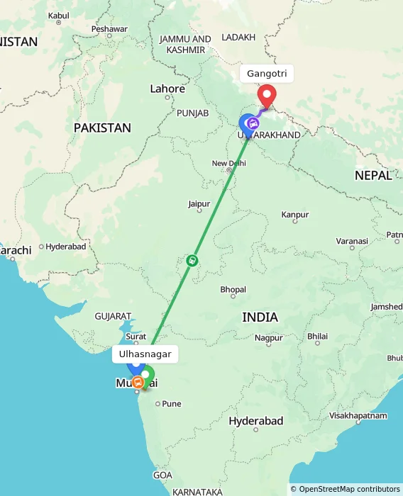 Route map showing distance and travel time from Ulhasnagar, India to Gangotri, India