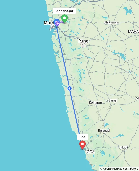 Route map showing distance and travel time from Ulhasnagar, India to Goa, India