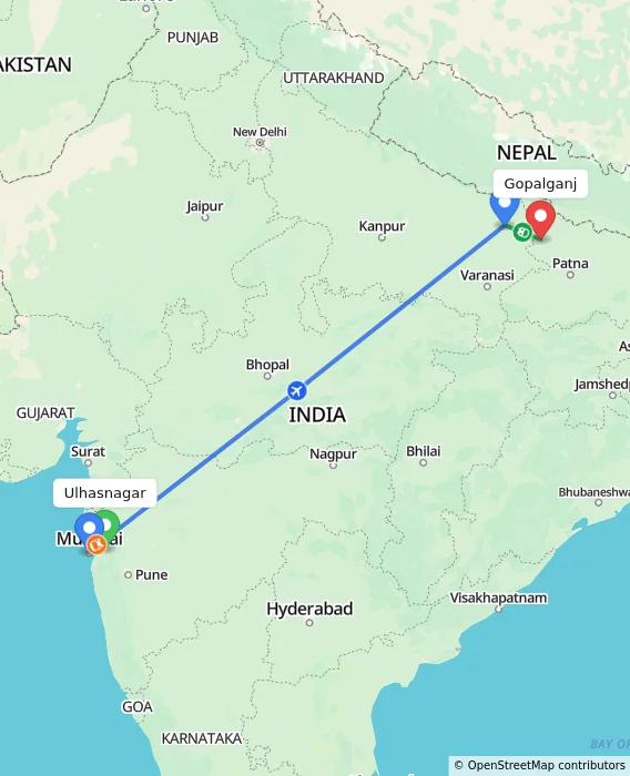 Route map showing distance and travel time from Ulhasnagar, India to Gopalganj, India
