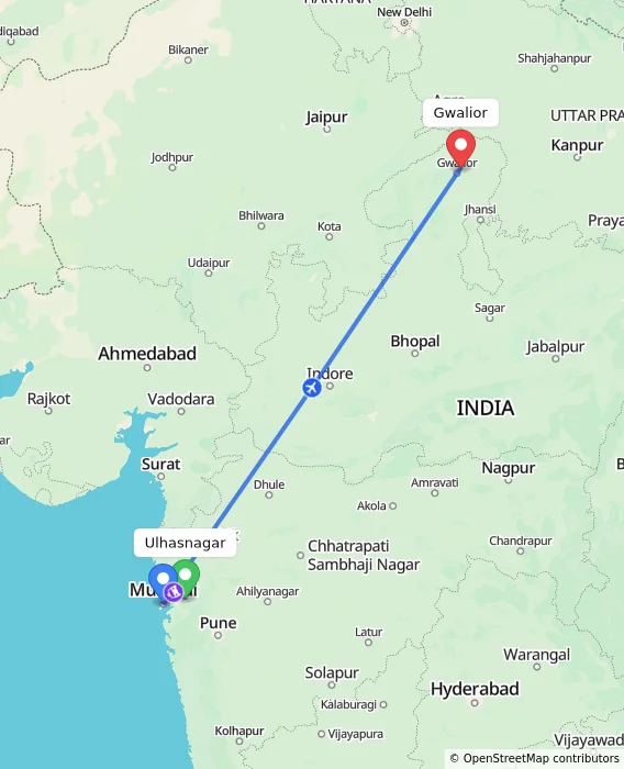 Route map showing distance and travel time from Ulhasnagar, India to Gwalior, India