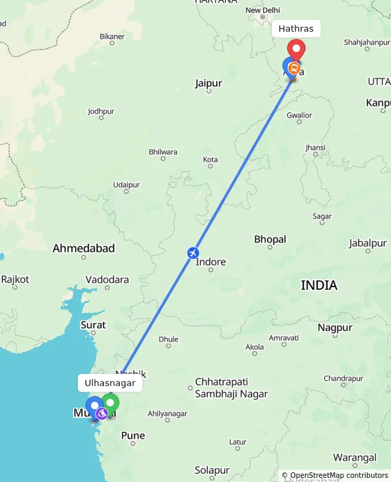 Route map showing distance and travel time from Ulhasnagar, India to Hathras, India