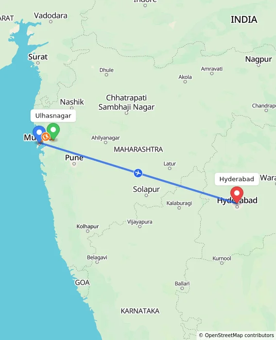 Route map showing distance and travel time from Ulhasnagar, India to Hyderabad, India