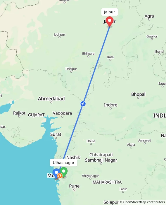 Route map showing distance and travel time from Ulhasnagar, India to Jaipur, India