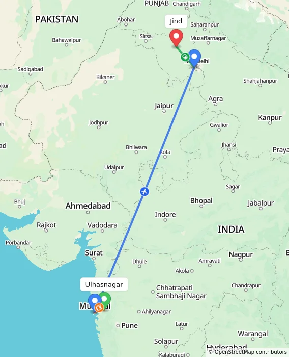 Route map showing distance and travel time from Ulhasnagar, India to Jind, India