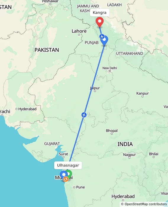 Route map showing distance and travel time from Ulhasnagar, India to Kangra, India