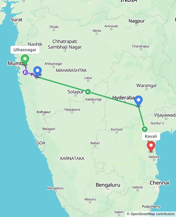 Route map showing distance and travel time from Ulhasnagar, India to Kavali, India