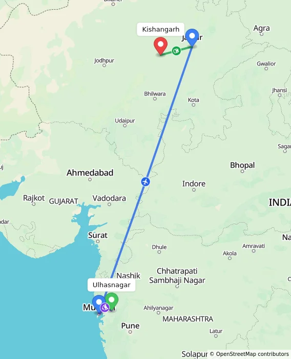 Route map showing distance and travel time from Ulhasnagar, India to Kishangarh, India