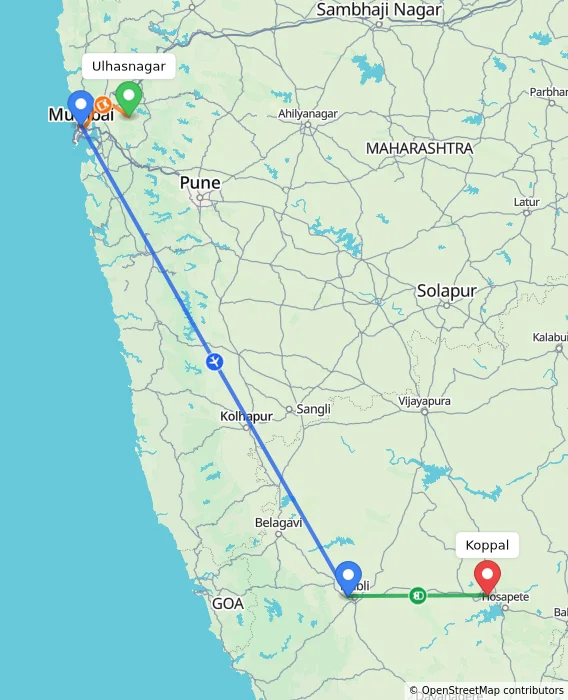 Route map showing distance and travel time from Ulhasnagar, India to Koppal, India
