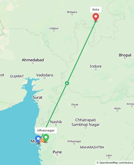 Route map showing distance and travel time from Ulhasnagar, India to Kota, India