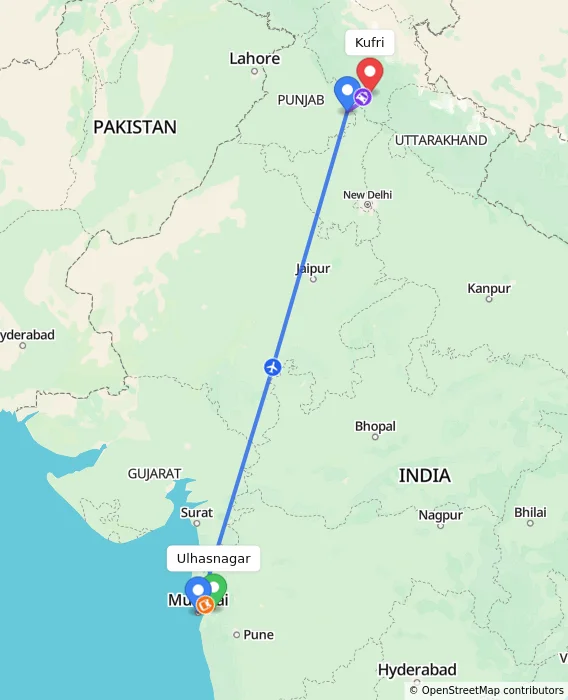 Route map showing distance and travel time from Ulhasnagar, India to Kufri, India