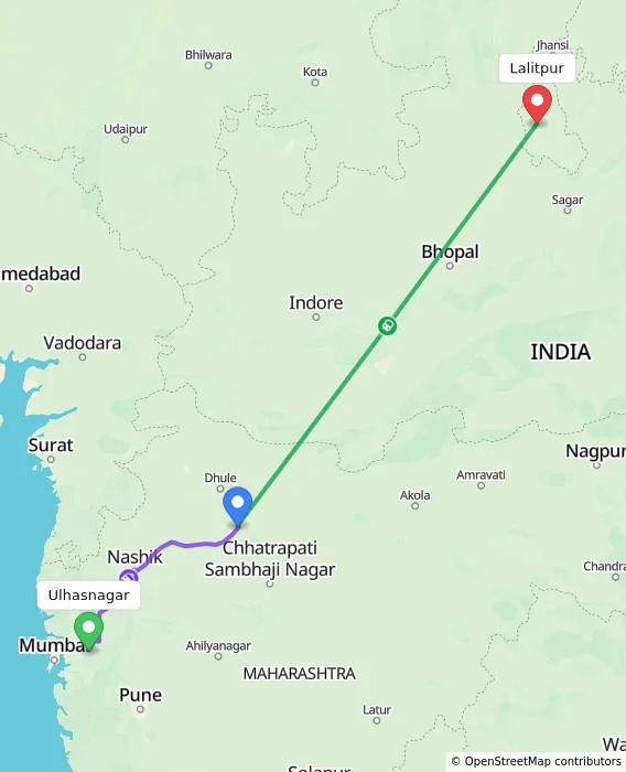 Route map showing distance and travel time from Ulhasnagar, India to Lalitpur, India