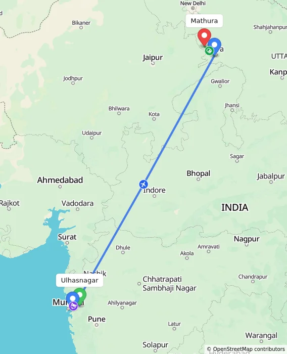 Route map showing distance and travel time from Ulhasnagar, India to Mathura, India