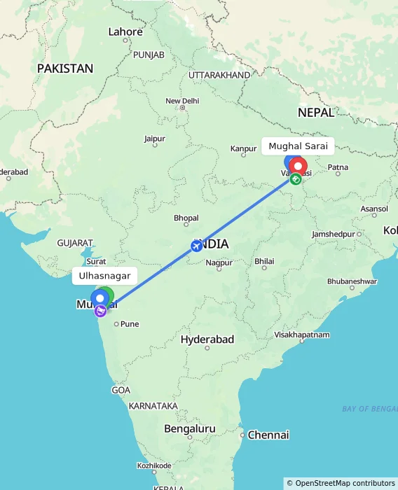 Route map showing distance and travel time from Ulhasnagar, India to Mughal Sarai, India
