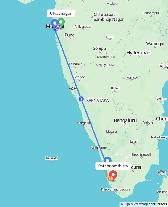 Route map showing distance and travel time from Ulhasnagar, India to Pathanamthitta, India