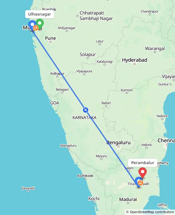 Route map showing distance and travel time from Ulhasnagar, India to Perambalur, India