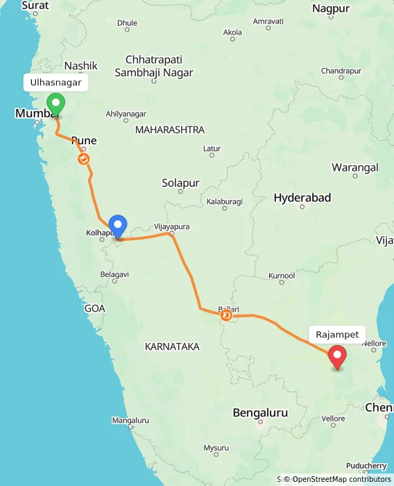 Route map showing distance and travel time from Ulhasnagar, India to Rajampet, India