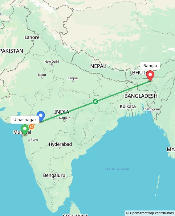 Route map showing distance and travel time from Ulhasnagar, India to Rangia, India