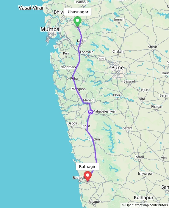 Route map showing distance and travel time from Ulhasnagar, India to Ratnagiri, India