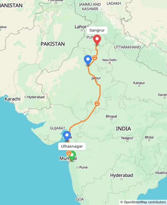 Route map showing distance and travel time from Ulhasnagar, India to Sangrur, India