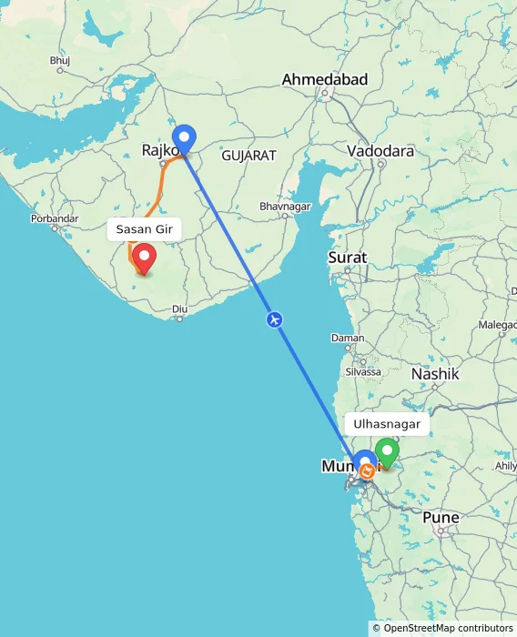 Route map showing distance and travel time from Ulhasnagar, India to Sasan Gir, India