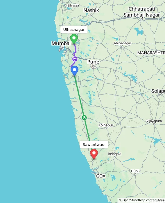 Route map showing distance and travel time from Ulhasnagar, India to Sawantwadi, India