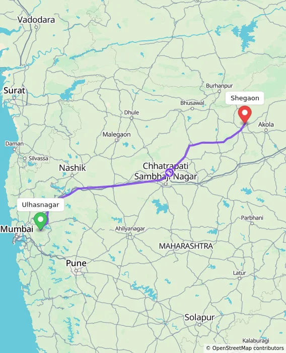 Route map showing distance and travel time from Ulhasnagar, India to Shegaon, India
