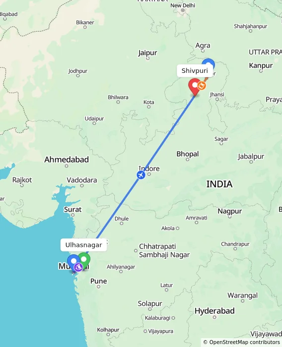Route map showing distance and travel time from Ulhasnagar, India to Shivpuri, India