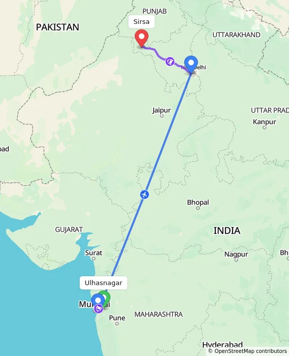 Route map showing distance and travel time from Ulhasnagar, India to Sirsa, India