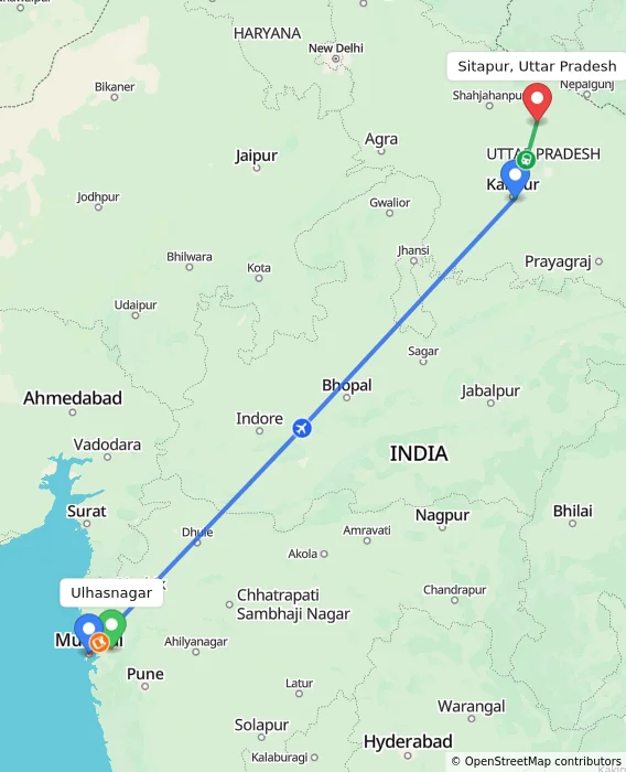 Route map showing distance and travel time from Ulhasnagar, India to Sitapur, Uttar Pradesh, India
