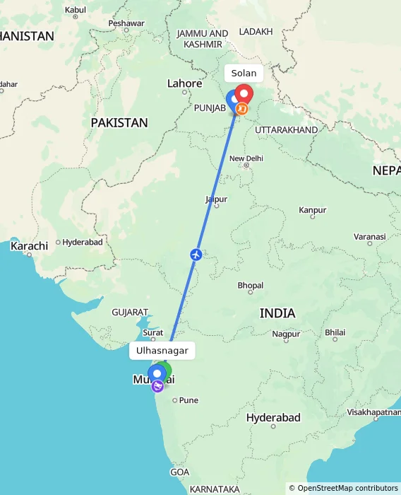 Route map showing distance and travel time from Ulhasnagar, India to Solan, India