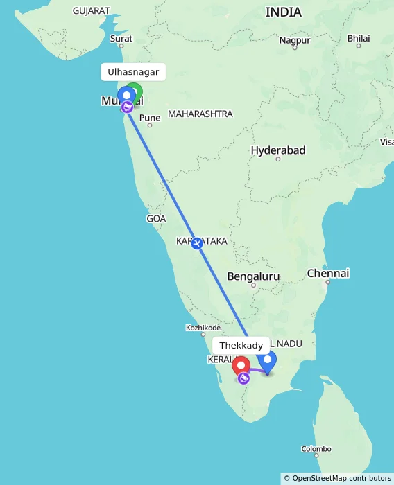 Route map showing distance and travel time from Ulhasnagar, India to Thekkady, India