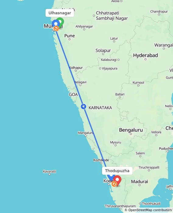 Route map showing distance and travel time from Ulhasnagar, India to Thodupuzha, India