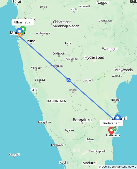 Route map showing distance and travel time from Ulhasnagar, India to Tindivanam, India