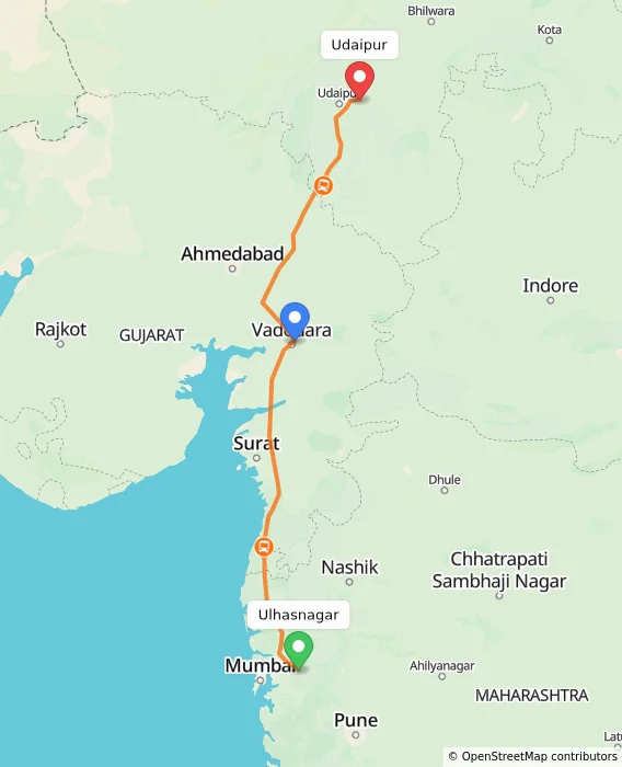 Route map showing distance and travel time from Ulhasnagar, India to Udaipur, India