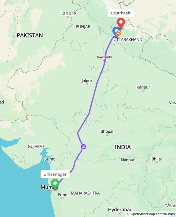 Route map showing distance and travel time from Ulhasnagar, India to Uttarkashi, India