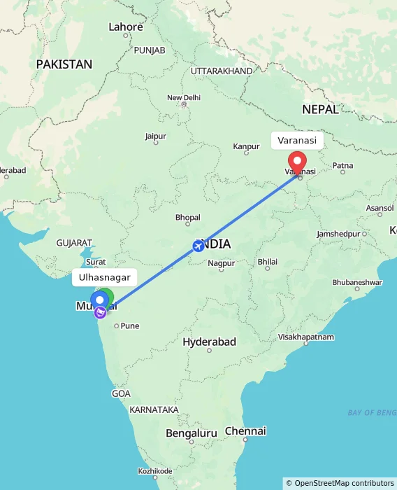 Route map showing distance and travel time from Ulhasnagar, India to Varanasi, India