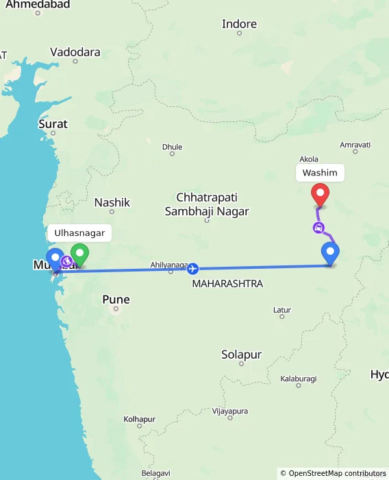 Route map showing distance and travel time from Ulhasnagar, India to Washim, India