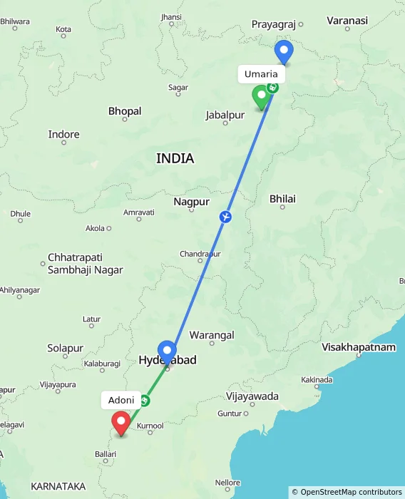 Route map showing distance and travel time from Umaria, India to Adoni, India