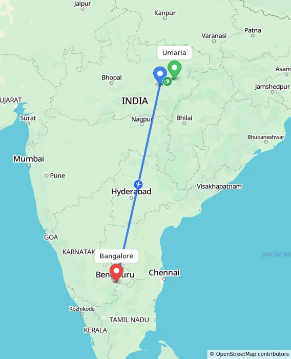 Route map showing distance and travel time from Umaria, India to Bangalore, India
