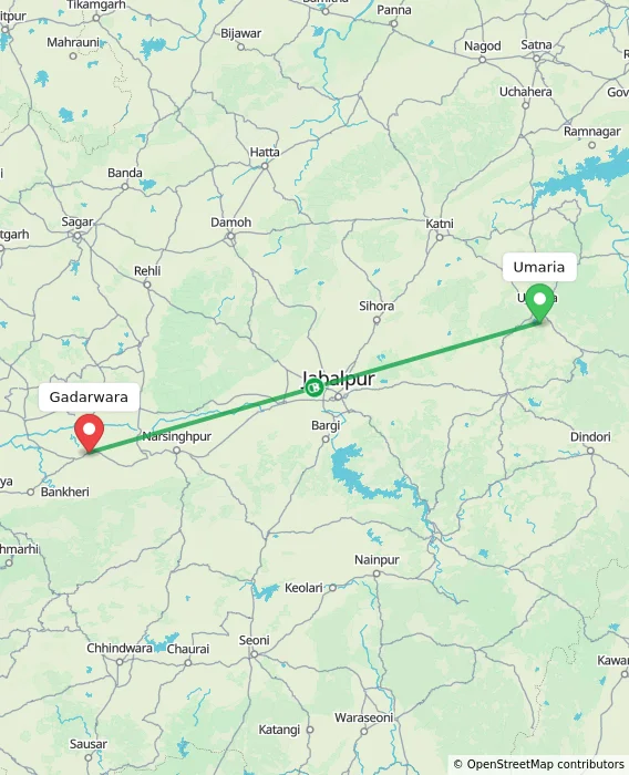 Route map showing distance and travel time from Umaria, India to Gadarwara, India