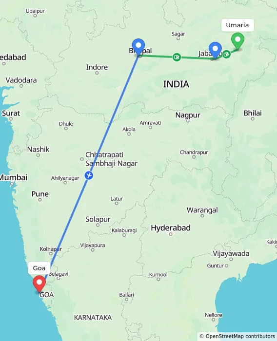 Route map showing distance and travel time from Umaria, India to Goa, India