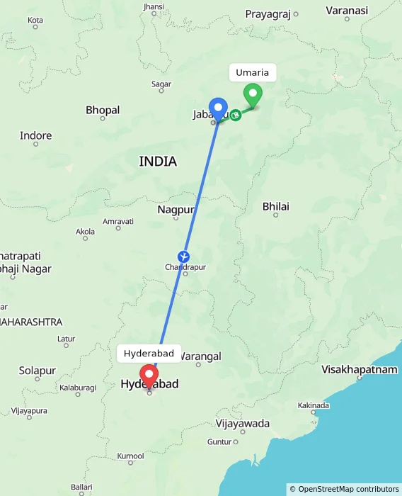 Route map showing distance and travel time from Umaria, India to Hyderabad, India