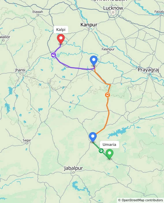 Route map showing distance and travel time from Umaria, India to Kalpi, India