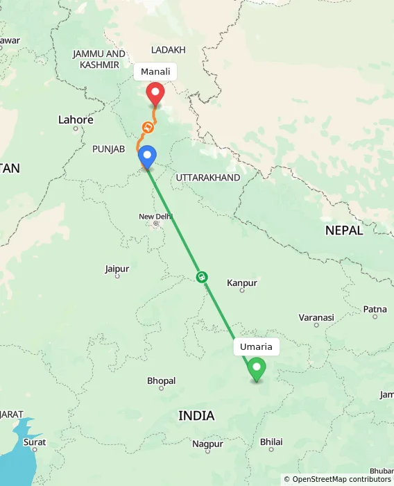 Route map showing distance and travel time from Umaria, India to Manali, India