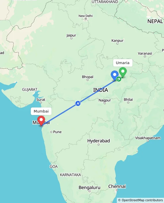 Route map showing distance and travel time from Umaria, India to Mumbai, India