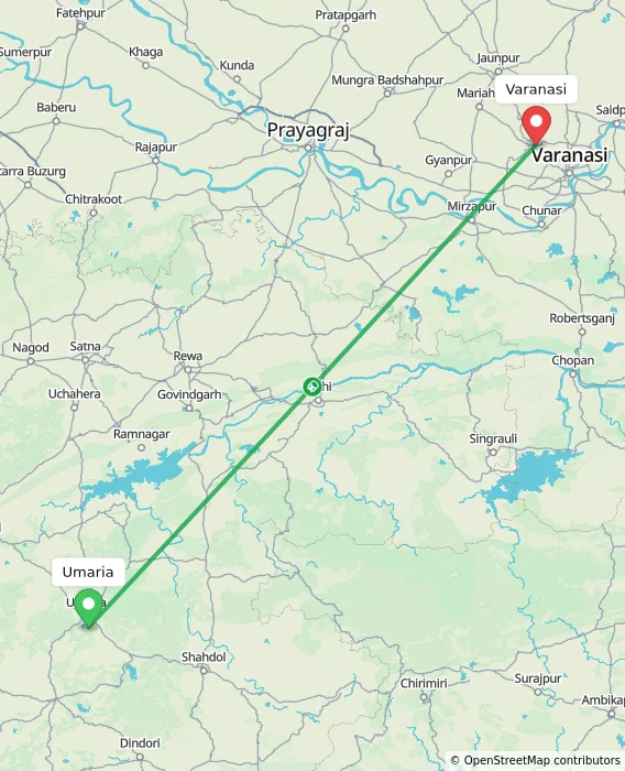 Route map showing distance and travel time from Umaria, India to Varanasi, India